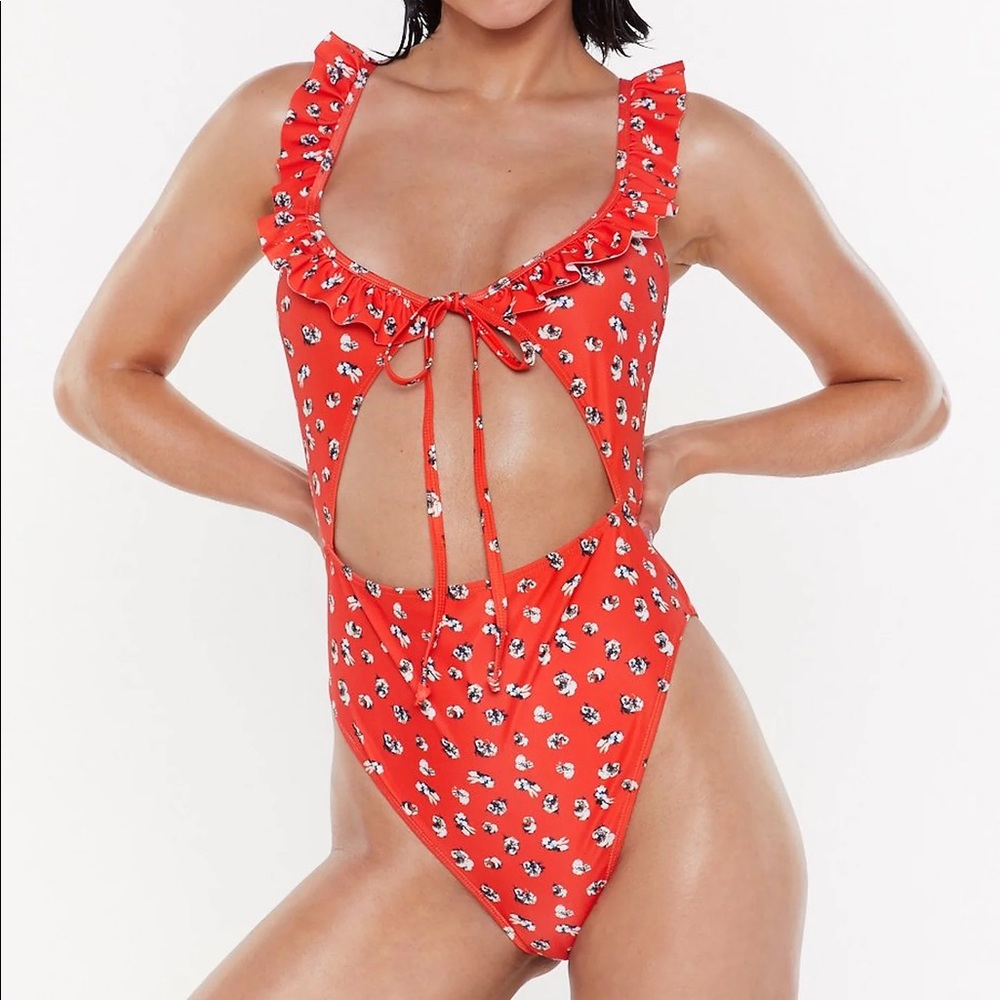 Nasty Gal Floral Ruffle Neck Cut Out Swimsuit Size 8